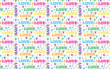 Love text with animal paw in the letter O, pattern with happy colors