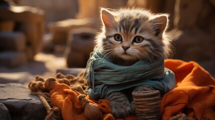 A kitten archaeologist with an ancient artifactinspired wool scarf uncovering secrets of a lost civilization