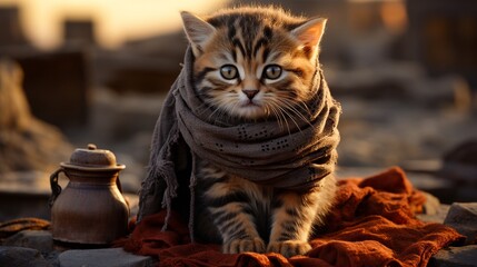 A kitten archaeologist with an ancient artifactinspired wool scarf uncovering secrets of a lost civilization - obrazy, fototapety, plakaty