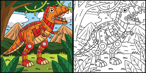 Robot T Rex Coloring Page Colored Illustration