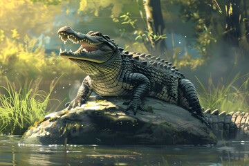 Majestic alligator sunbathing on a rock surrounded by lush greenery. Realistic digital illustration of wildlife. Perfect for nature themes. Generative AI