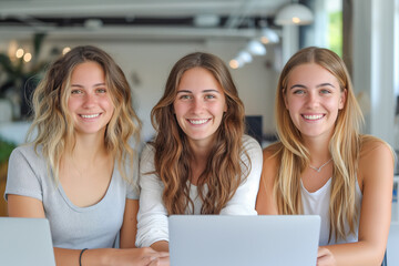 Three young entrepreneurial friends in a coworking office