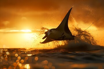 Majestic Manta Ray Leaping at Sunset, Ocean Wildlife in Golden Light. Awe-Inspiring Marine Scene. Generative AI