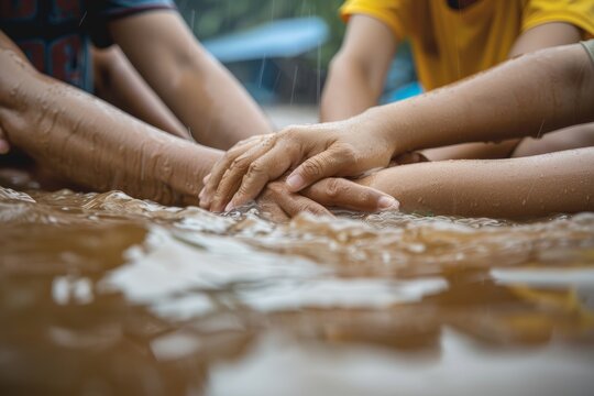 People Holding Hands in Human Chain for Floodwater Rescue Operation, Demonstrating Unity and Support During Natural Disaster Crisis.