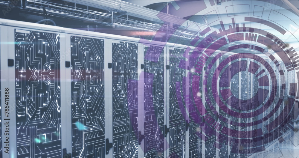 Poster image of loading circles over circuit board pattern on server racks in server room