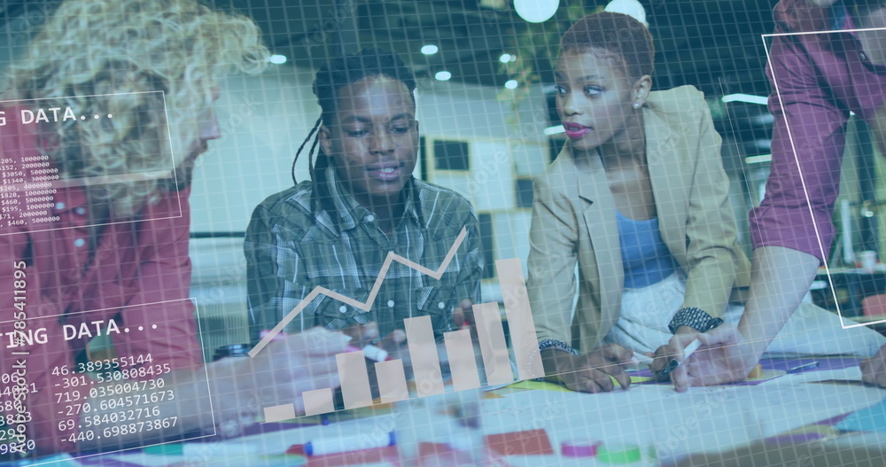 Wall mural Image of multiple graphs and binary codes over multiracial colleagues sharing ideas in office