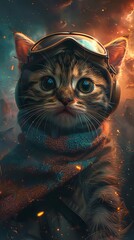 A kitten pilot with an aviator cap and a navigational wool scarf charting new routes through nebula clouds  Color Grading Teal and Orange