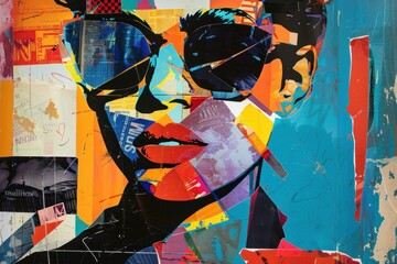 Vibrant painting featuring a stylish woman with sunglasses on her face and another woman with sunglasses on her head