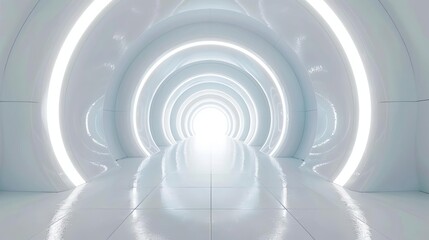 futuristic wide white tunnel with glowing lights 3d render
