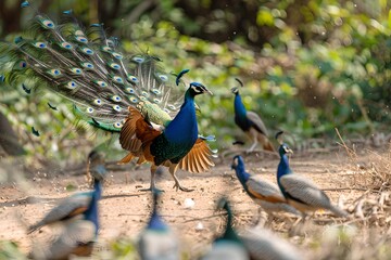 Majestic peacock displaying feathers amidst a flock in natural habitat. Vibrant wildlife scene. Outdoor photography. Generative AI