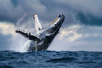Majestic humpback whale breaching in stormy seas. Nature's splendor captured. Wildlife photography inspiration. Generative AI - obrazy, fototapety, plakaty