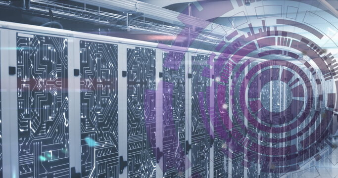 Image of loading circles over circuit board pattern on server racks in server room - Powered by Adobe