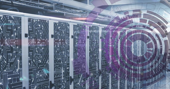Image of loading circles over circuit board pattern on server racks in server room - Powered by Adobe