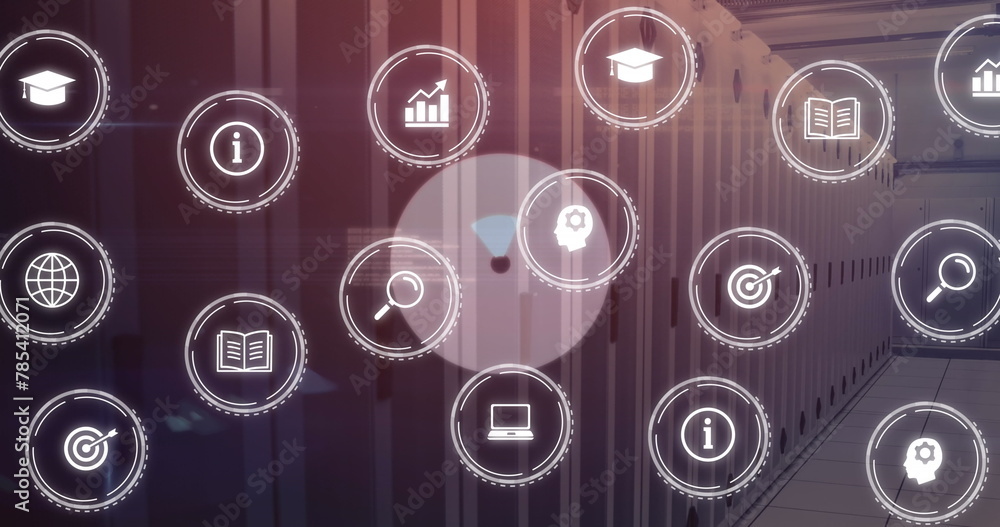 Poster image of multiple digital icons and round shape in seamless pattern against computer server room