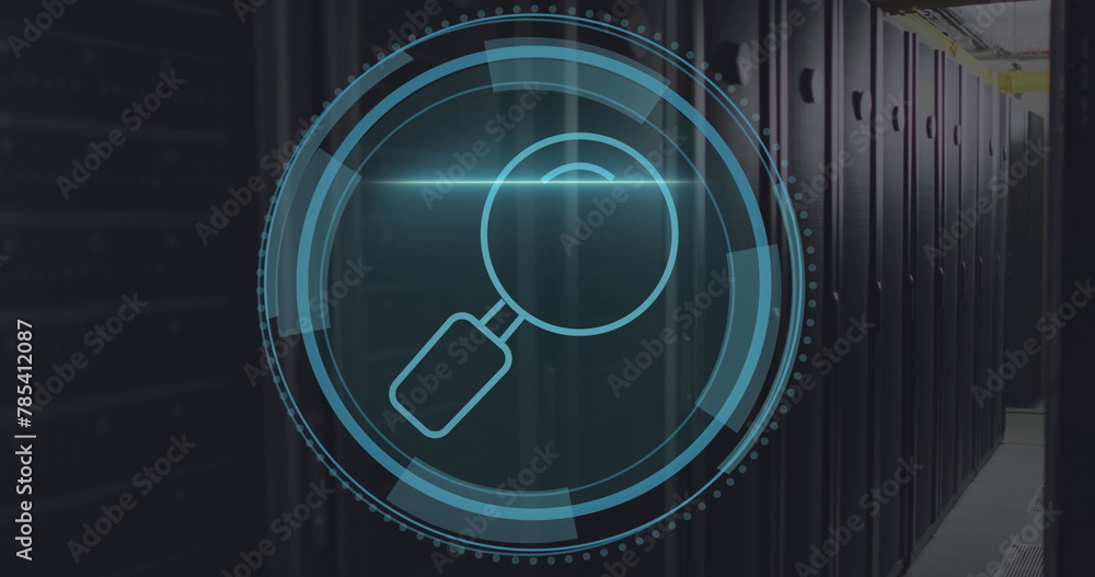 Fototapete image of cyber security text and magnifying glass scanning against computer server room