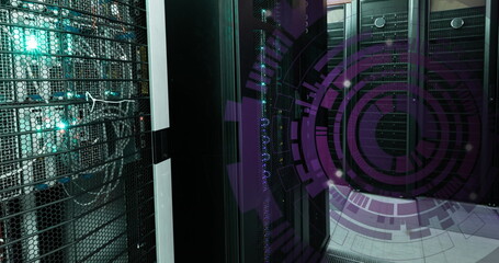 Image of round scanner spinning against computer server room
