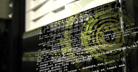 Image of spinning round scanner and data processing against close up of a computer server