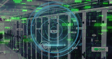 Image of retina eye scanner, binary coding and social media icons against computer server room