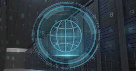 Image of web globe icon and cyber security data processing against computer server room