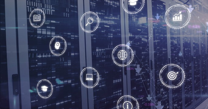 Image of interface with multiple digital icons and mosaic squares against computer server room