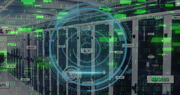 Image of retina eye scanner, binary coding and social media icons against computer server room