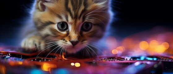 A microsized kitten with a miniature wool scarf exploring the intricate circuitry of a supercomputer  Color Grading Complementary Color