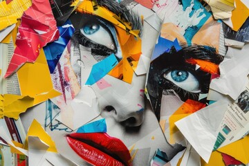 Surreal portrait of a woman with face covered in newspaper and torn paper, featuring piercing blue eyes in closeup view