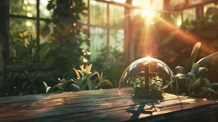 glass dome with cross inside wooden table greenhouse setting spiritual symbolism sunlight filtering through peaceful ambiance digital illustration - obrazy, fototapety, plakaty