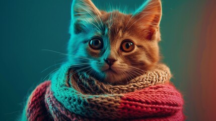 A peacekeeping kitten with a unifying symbol wool scarf mediating conflicts in a galactic council  Color Grading Teal and Orange