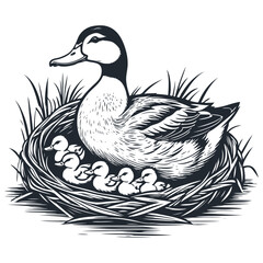 Duck and a brood of ducklings in the nest, vector illustration