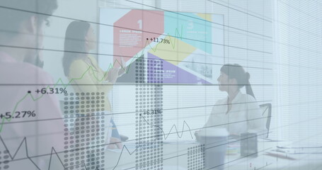 Image of financial data processing over diverse business people in office