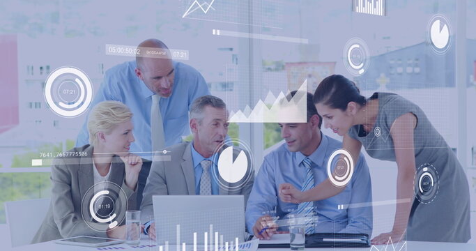 Image of financial data processing over diverse business people in office