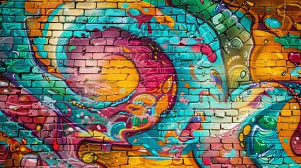 Obraz premium graffiticovered brick wall with vibrant psychedelic colors and intricate designs abstract photograph