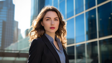 Fototapeta premium business woman leader entrepreneur, professional manager standing on the street in big city on sky background.