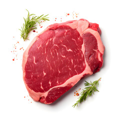 Fresh raw beef ribeye steak top view isolated on white