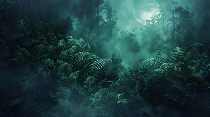 green ferns in a mystical enchanted forest on a midsummer night digital painting