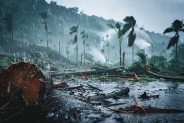 Chaotic Scene of Typhoon Aftermath in Forest with Fallen Trees, Scattered Debris, and Pouring Rain - Illustrating Destruction and Chaos.