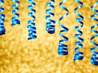 Sparkling holiday golden background with blue ribbon