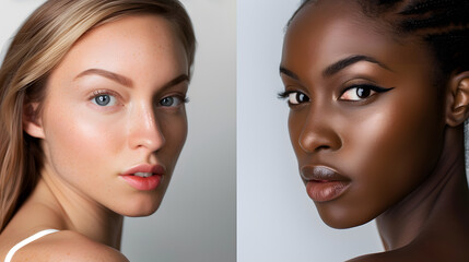 African caucasian beauty women two portrait. Clean skin ethnic concept in one frame 