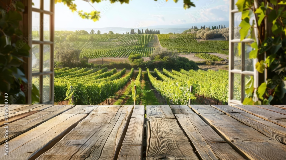 Aufkleber idyllic vineyard view through an open window with an empty wooden table product presentation templat