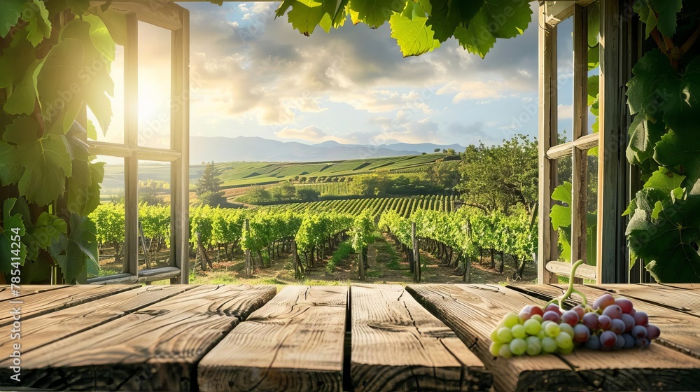 Aufkleber idyllic vineyard view through an open window with an empty wooden table product presentation templat