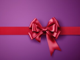 Red ribbon with bow on violet background, Christmas card concept. Space for text. Red and Violet Background