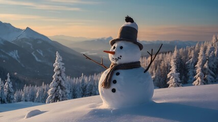 A charming snowman standing in the middle of an idyllic wintry setting. It is ideal for creating websites, promotional materials, and greeting cards.  - obrazy, fototapety, plakaty