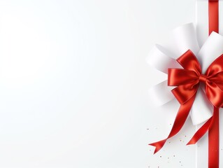 Red ribbon with bow on white background, Christmas card concept. Space for text. Red and White Background