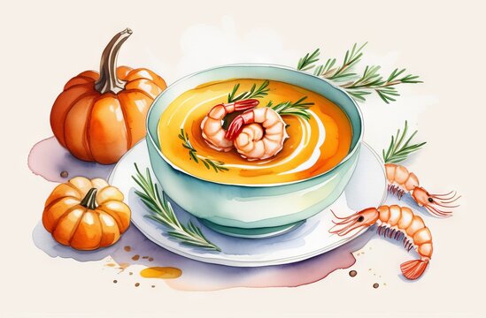 Pumpkin puree soup with shrimp and rosemary in watercolor style
