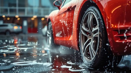 Car wash concept. Closeup of red sports car with water drops.