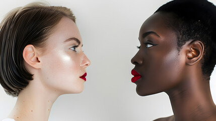 African caucasian beauty women two portrait. Clean skin ethnic concept in one frame 