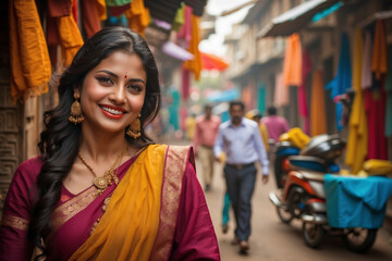Strahlende junge Frau in purpurfarbenem Sari und gelbem Dupatta genießt das bunte Treiben auf...