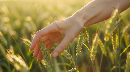 Mano de una mujer tocando espigas de trigo al atardecer 