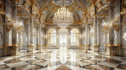 luxurious ballroom interior with elegant chandelier polished marble floor and ornate architectural details digital painting